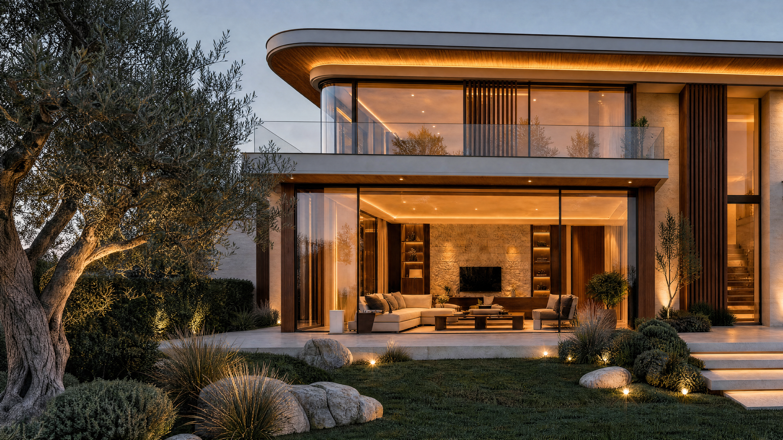 Гостиная VILLA HORIZON с панорамным остеклением